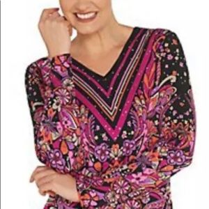 Bob Mackie Floral Print Pullover Knit Top XL